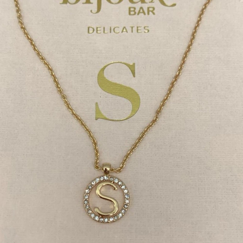 NWT Bijoux Bar gold tone necklace with initial S and rhinestone accents